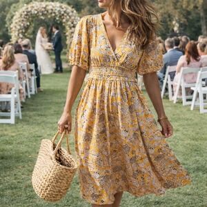 Amazon Essentials Boho Floral Midi Dress Mustard Smocked Puff Sleeve XL Prairie